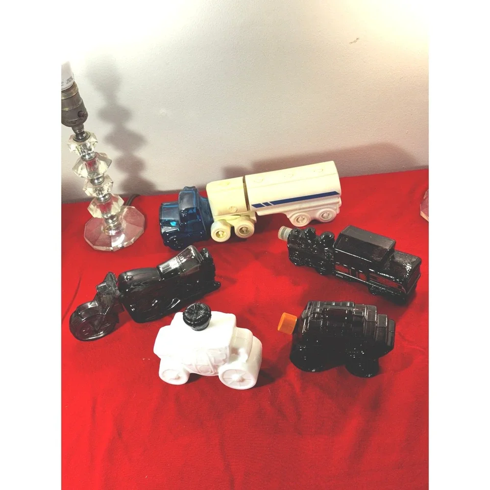 Lot of 5 Vintage Avon Glass Decanters Truck Train Motorcycle Stagecoach Boxed